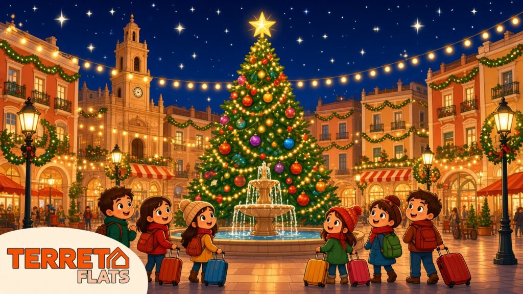 Navidad en Valencia 2026, ilustración de la plaza del Ayuntamiento con logo Terreta Flats
